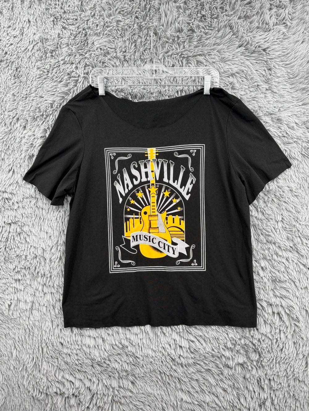 Nashville Music City Graphic Shirt Womens XL Black Cropped Boxy Raw Hems Slouch